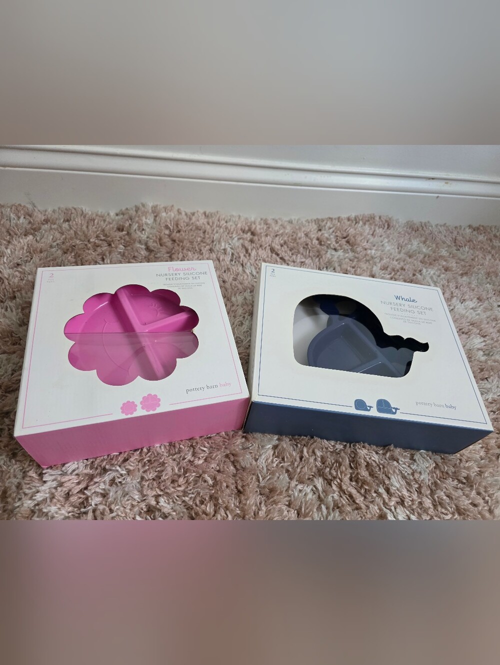 Pottery Barn Kids Pink Flower & Blue Whale Silicone Divided Plates Set